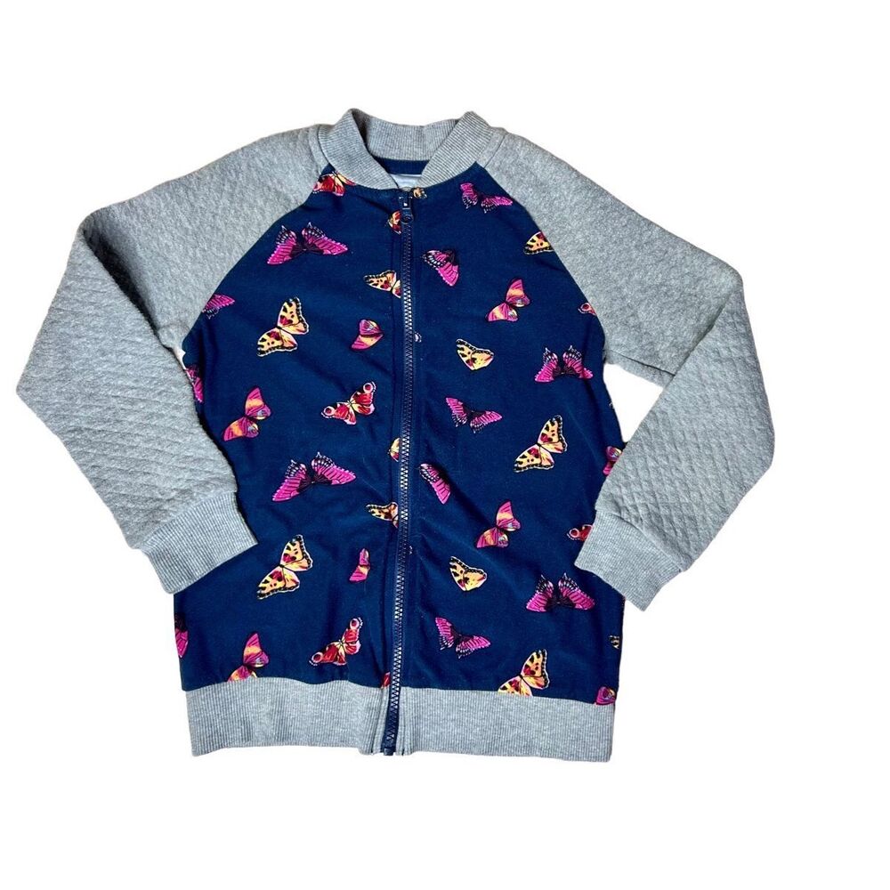 Wonder Nation Butterfly Bomber Jacket Zip Up Grey Quilted Sleeves MEDIUM(7-8)